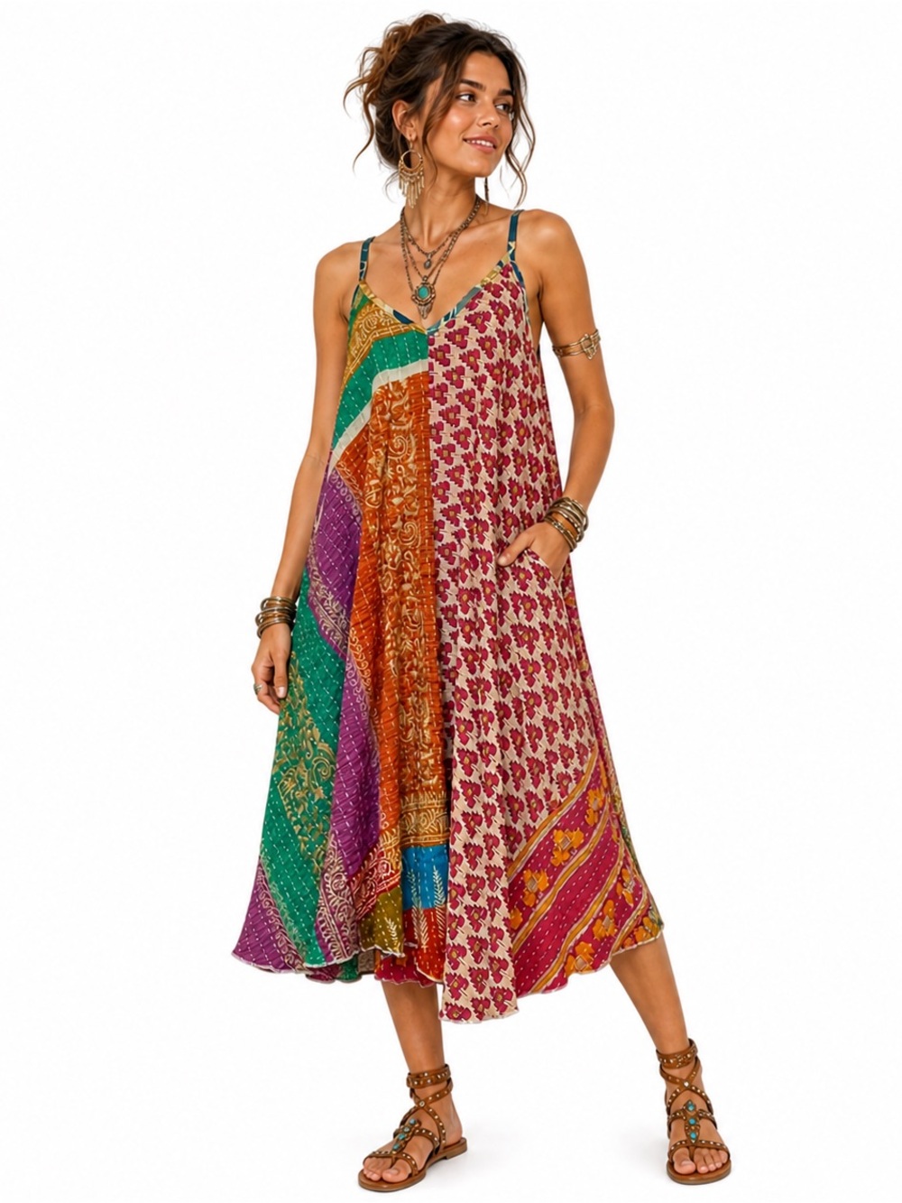 Wevez Handmade Organic Cotton Patchwork Kantha Dress Womens SZ OS Heritage Boho